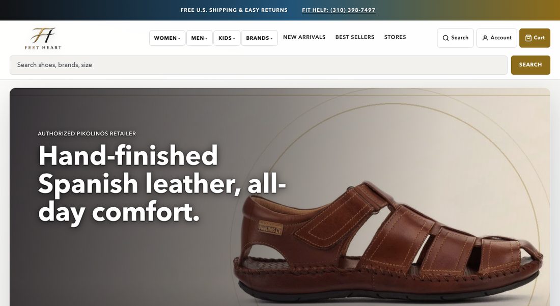 The Feet Heart storefront homepage, showing the search bar, brand navigation, and a Pikolinos feature banner.